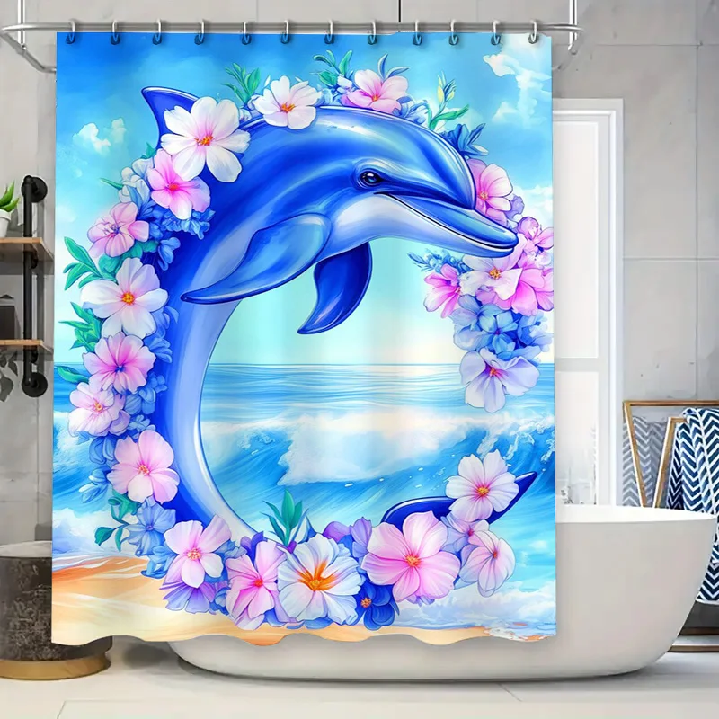 Enchanting Dolphin Shower Curtain:Colorful Flowers, Beach-Sea Backdrop,Fresh Tropical Vibe, Waterproof Bathroom Decor