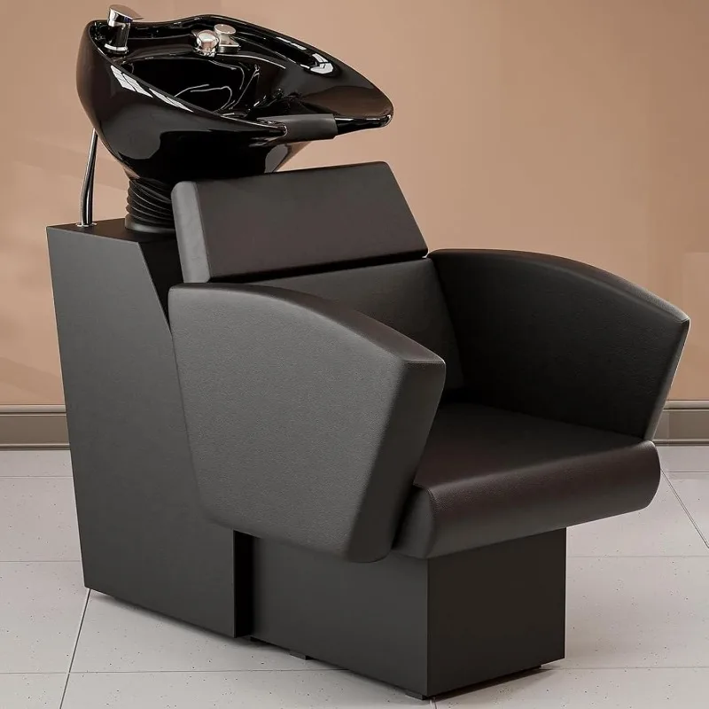 Shampoo Bowl and Chair Set for Salon, Backwash Hair Washing Station with Tilting Ceramic Sink, Barber Hair Washing Unit