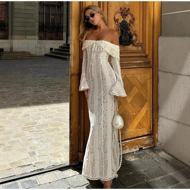 

2025 New Women Off Shoulder Waist Tie Lace Long Dress Bell Sleeve Mermaid Hem Elegant White Black Yellow Short Options
