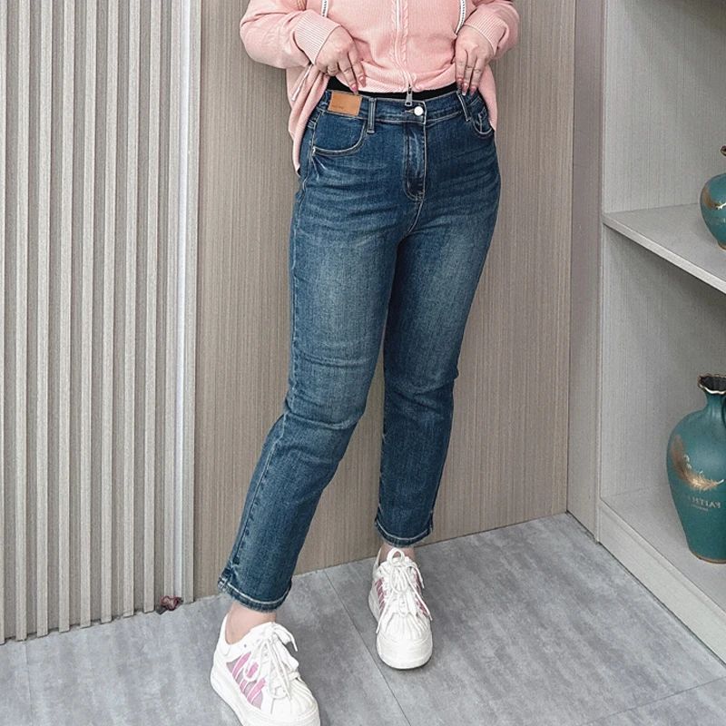 Straight Jeans for Women, Slim Stretched, High Waist, Ankle-Length, Cigarette Pants, Plus Size, Spring and Autumn, Quality, New