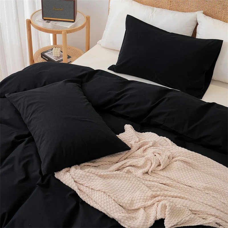 3pcs Duvet Cover Set with Pillow Case, Solid Color Bedding Set, Washed Cotton Comforter Cover, for Single Double King Queen Bed