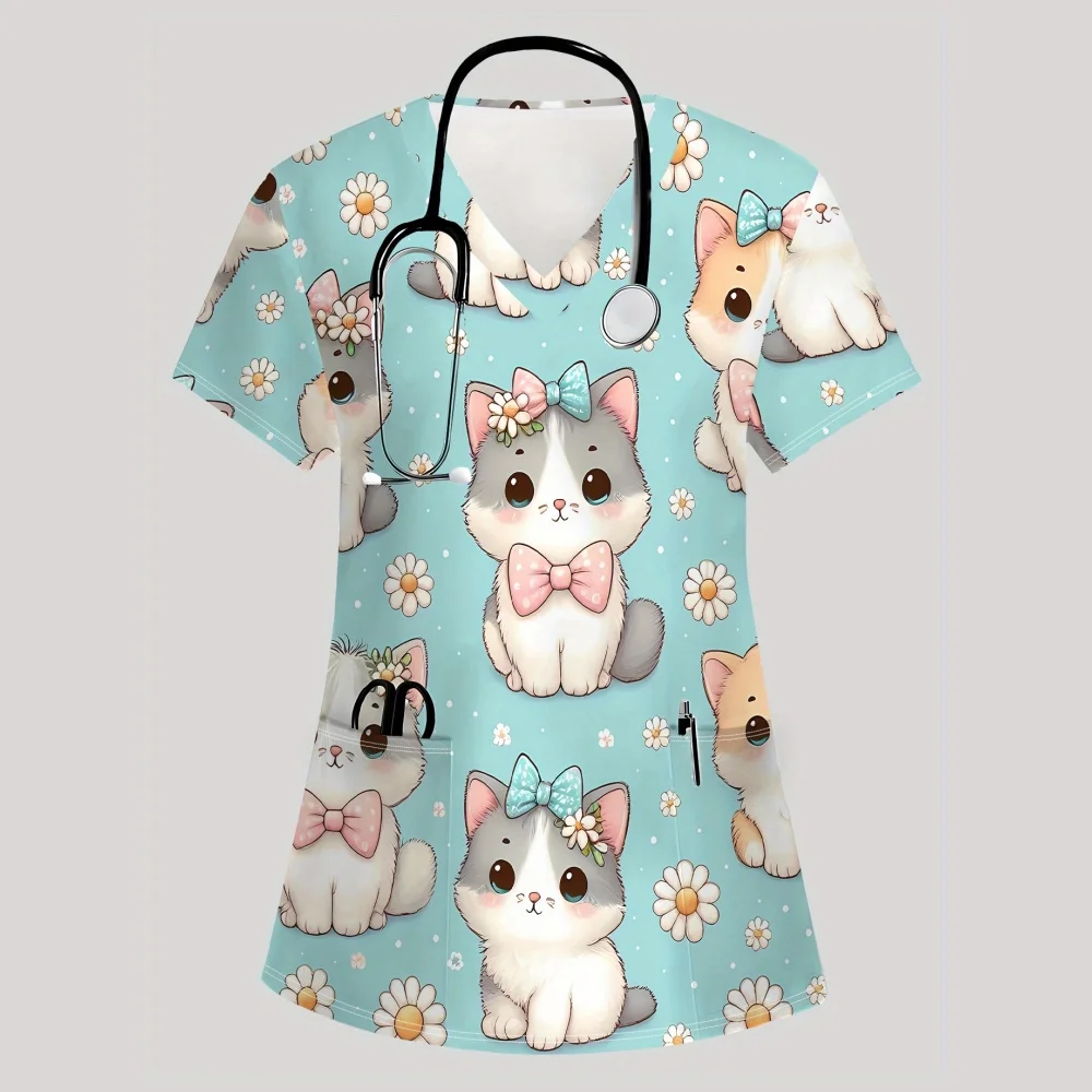 

Униформа медсестры, женская милая мультяшная форма с принтом животных, стоматолог, ветеринар, скраб с короткими рукавами, летняя модная униформа с v-образным вырезом, женская униформа медсестры