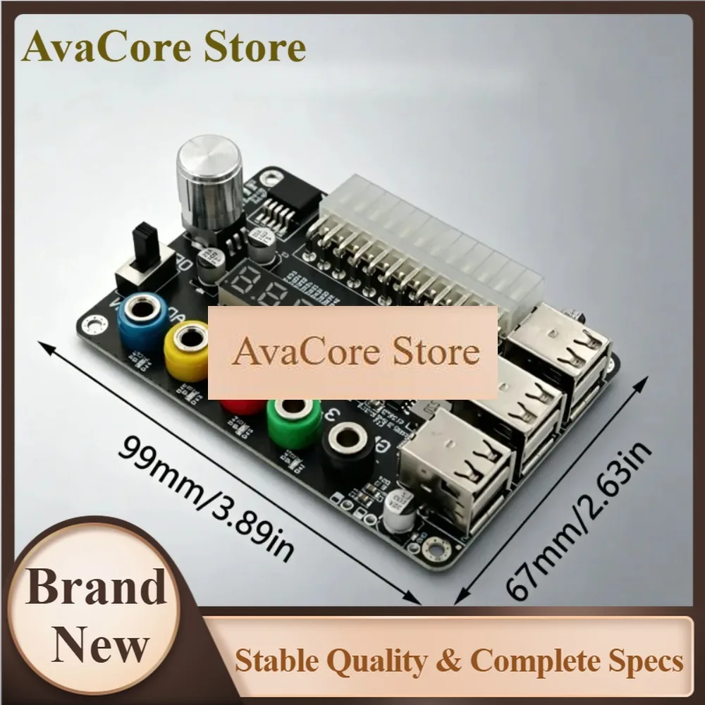 AvaCoreATX Power Supply Breakout Board Power Module 24Pin Adapter Connector Adjustable Voltage Knob 6 Port USB 2.0 Supports QC2.