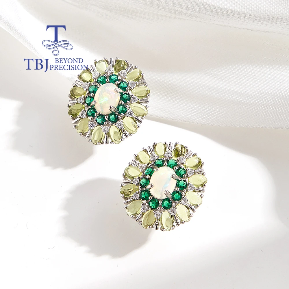 

New Light Luxury 925 sterling silver women's earrings natural Opal Peridot oval gemstones Exquisite jewelry for Engagement gifts