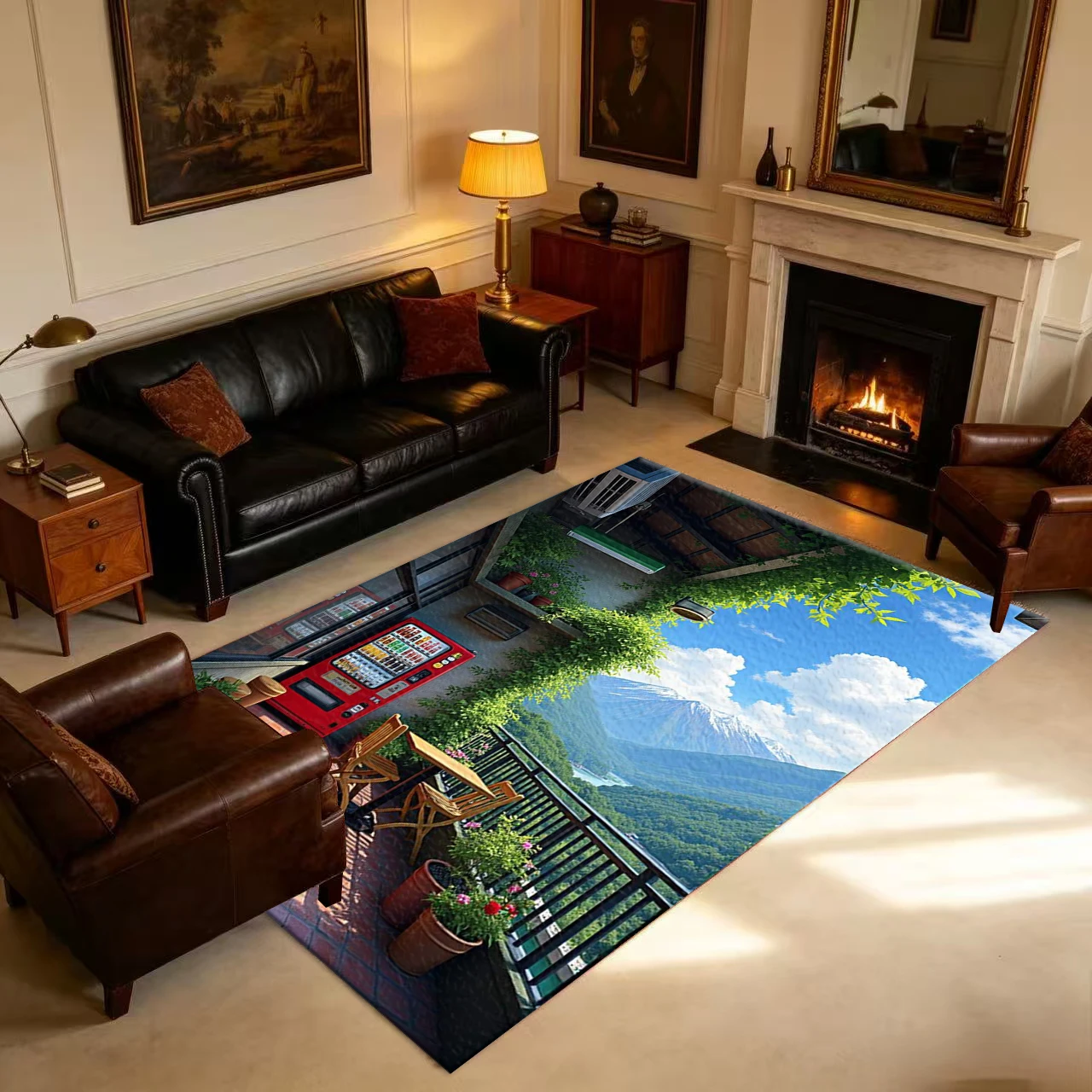 Anime-Style Balcony Mountain View Green Plant Scenery Carpet Floor Non-Slip Mat