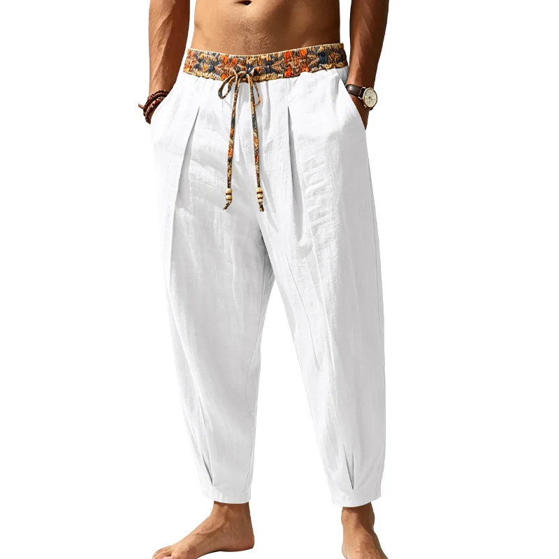 Four Seasons Floral Waist Linen Nine-Point Pants, European Size Men's Loose Drape Tied Feet Harlan Casual Radish Pants