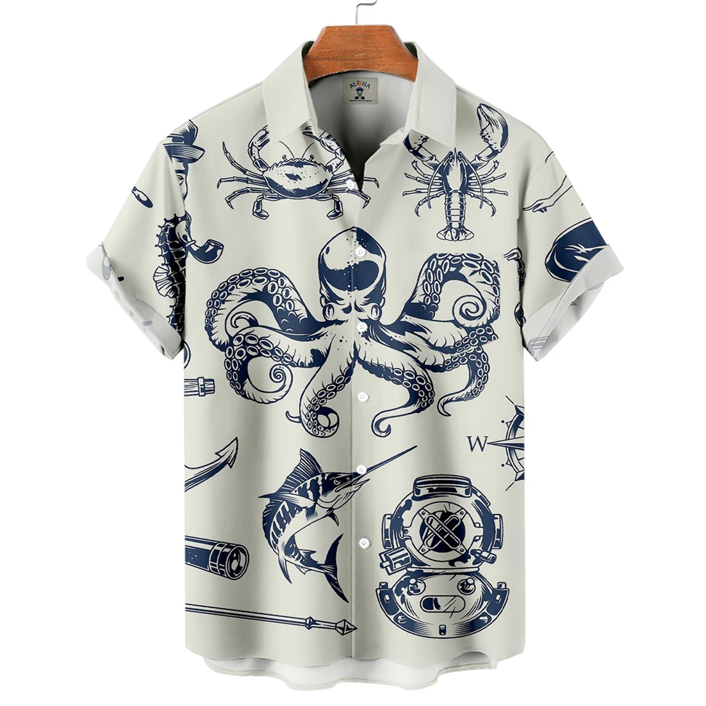 Chemise hawaïenne décontractée à fleurs pour hommes, chemisier à manches courtes, impression 3D de poulpe, mode Harajuku, été