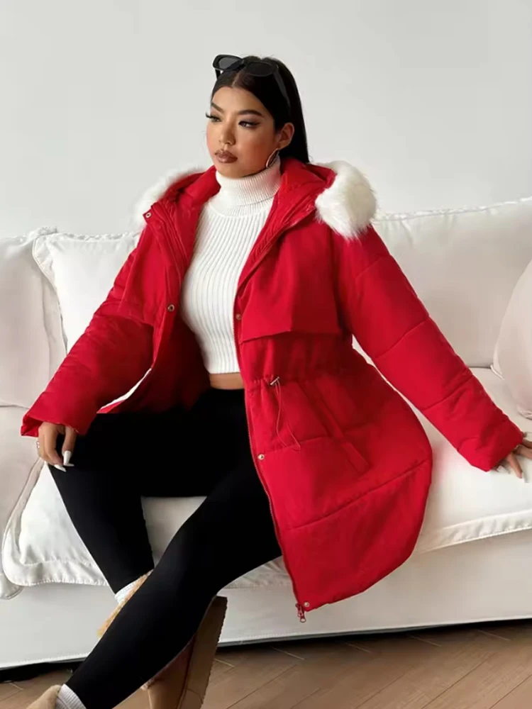 Casaco de inverno feminino tamanho grande vermelho fino cintura bolsos zip com capuz puffer casacos coreano popular roupas femininas jaquetas plus size topo