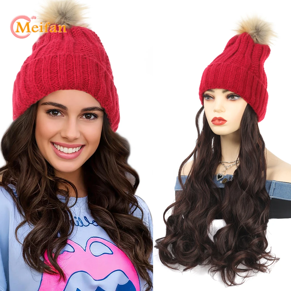 

MEIFAN Long Wavy Curly Red Knit Hat Wig Long Wavy Curly Hairpieces Attached Hat with Hair Winter Knit Warm Hat with Hairpiece