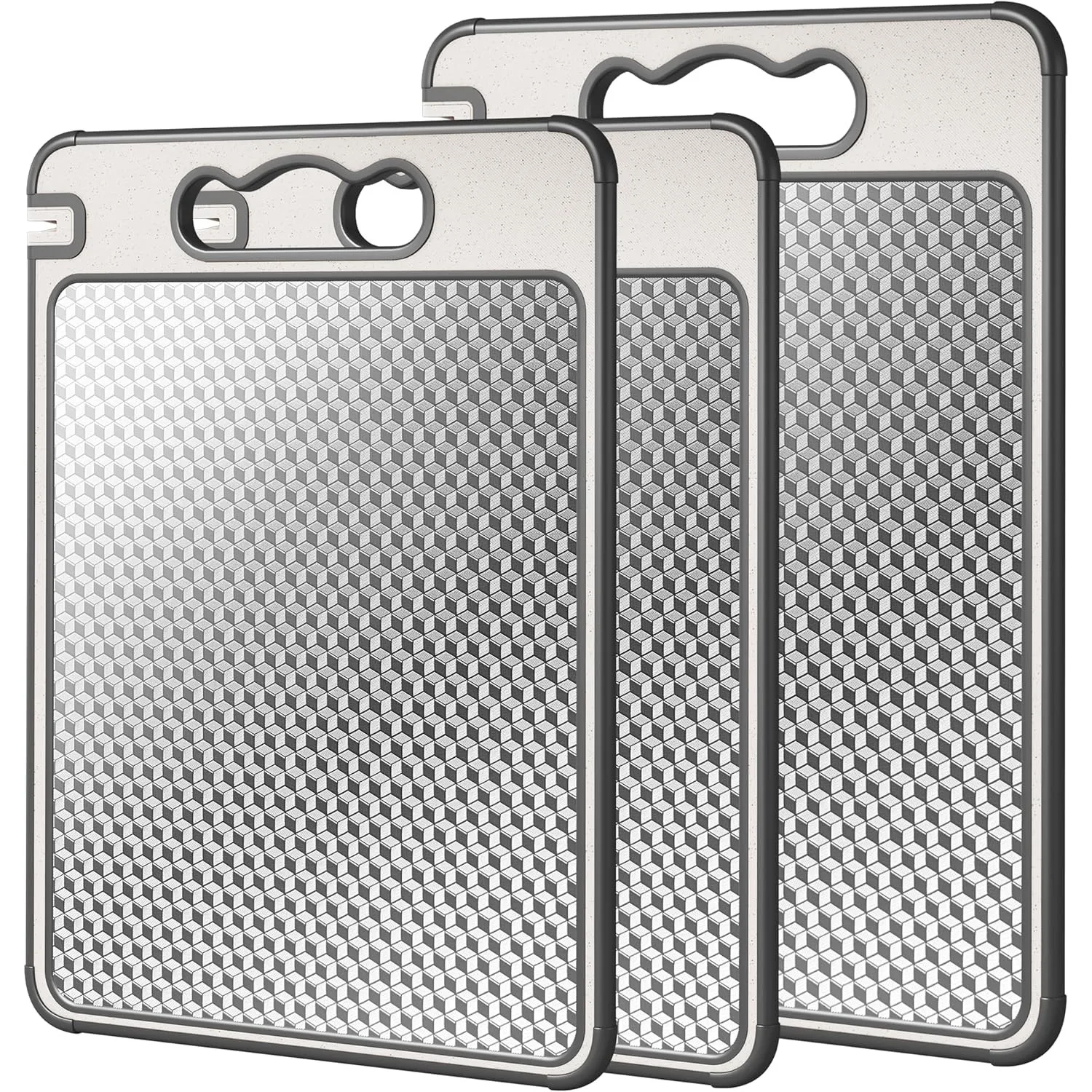 

Double sided stainless steel cutting board, scratch resistant design, 3-piece set, 16 * 11 (1 piece), 14.4 * 9.8 (2 pieces)