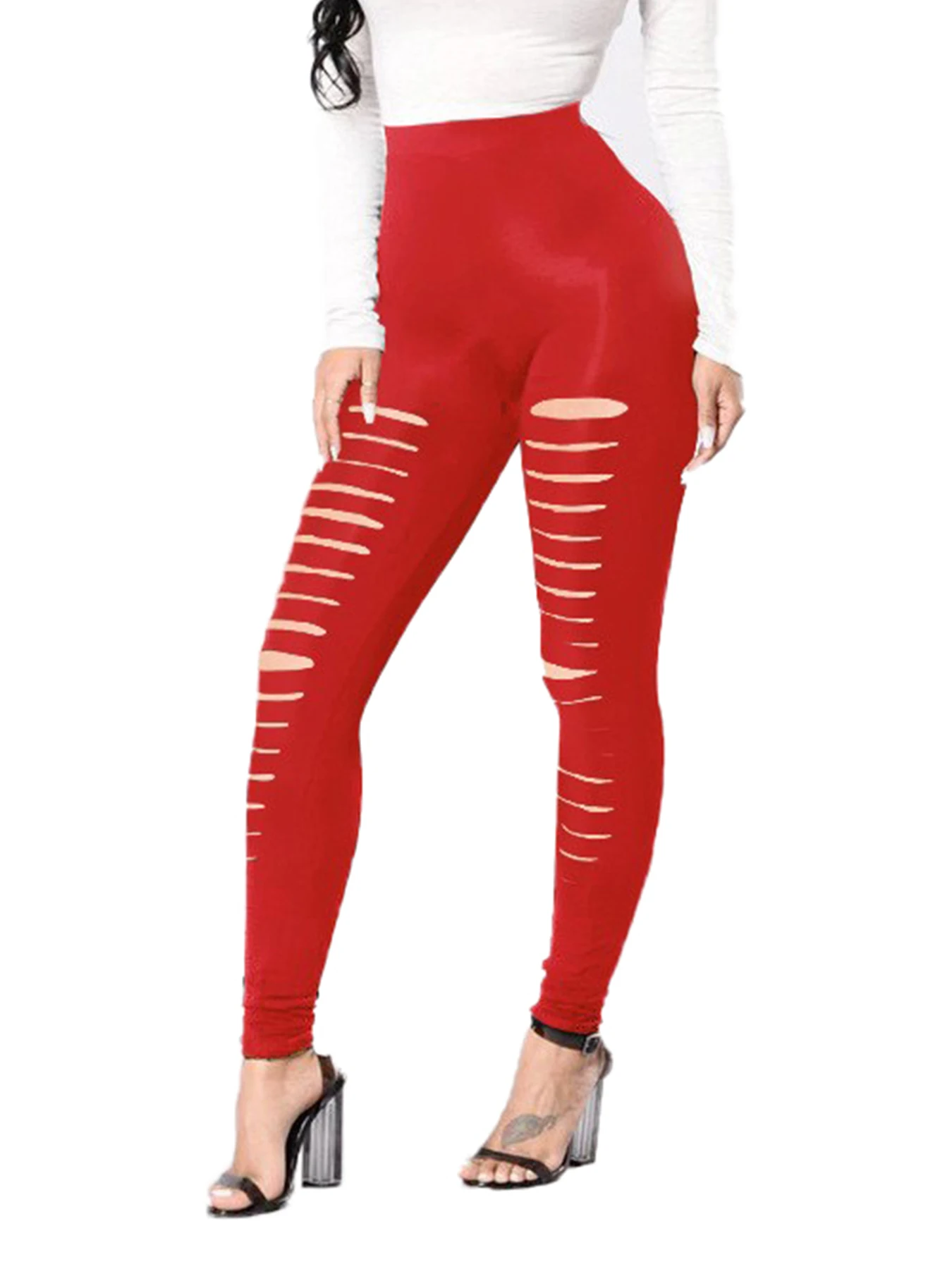 Europe And The United States Spring And Summer Women\'s Red Tight Front Ripped Leggings Women Elastic Front Ripped Leggings Women