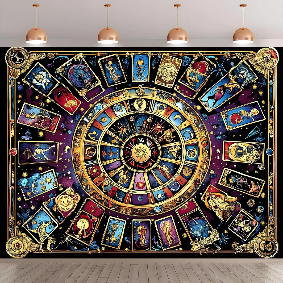 Cosmic Tarot Wheel Tapestry, Zodiac Astrology Cards Galaxy Mystical Witchy Celestial Gold Art Wall Cloth For Bedroom Decor