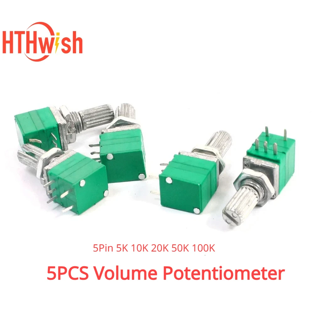 New 5PCS Volume Potentiometer Industrial Switches 5Pin 5K 10K 20K 50K 100K Switch Audio Shaft 15mm Amplifier Sealing RK097G