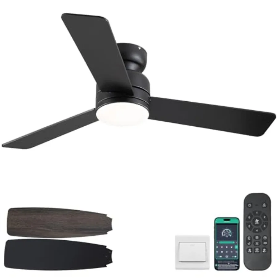 ch Modern Ceilg Fans with Lights and Remote/APP Control, Low Profile Flush Mount, Reversible 3 Blades, Double Sided, 6 Speeds,