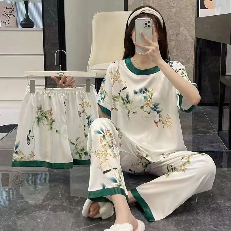 Milk Silk Pyjamas Female Green Leaves Cartoon Sweet and Lovely Three-Piece Ladies Homewear Sets Large Size Silk