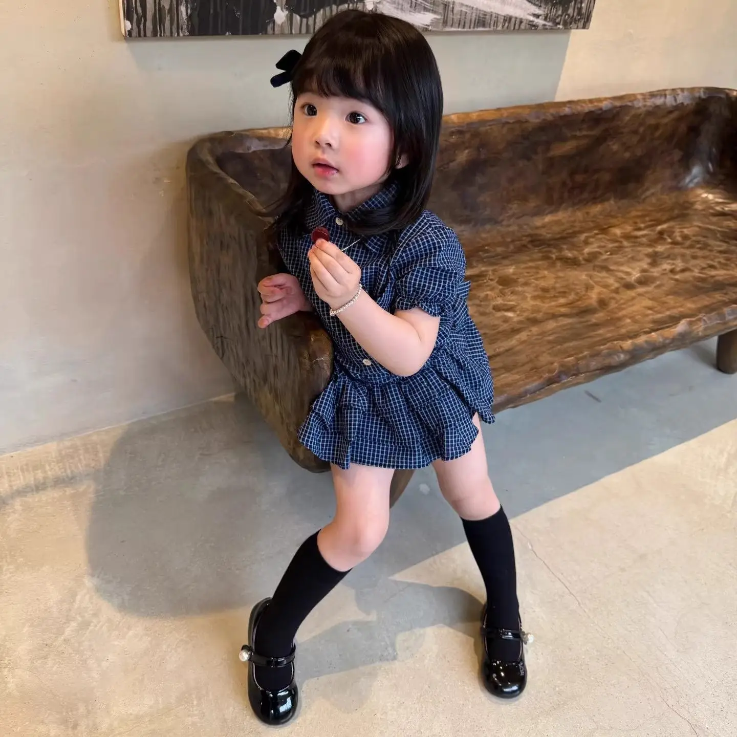 Kids Girls Navy Plaid 2-Piece Set Short Sleeve Button-Up Shirt with Tiered Ruffle Hem +Bloomers Casual Summer Outfit for Toddler - view 3