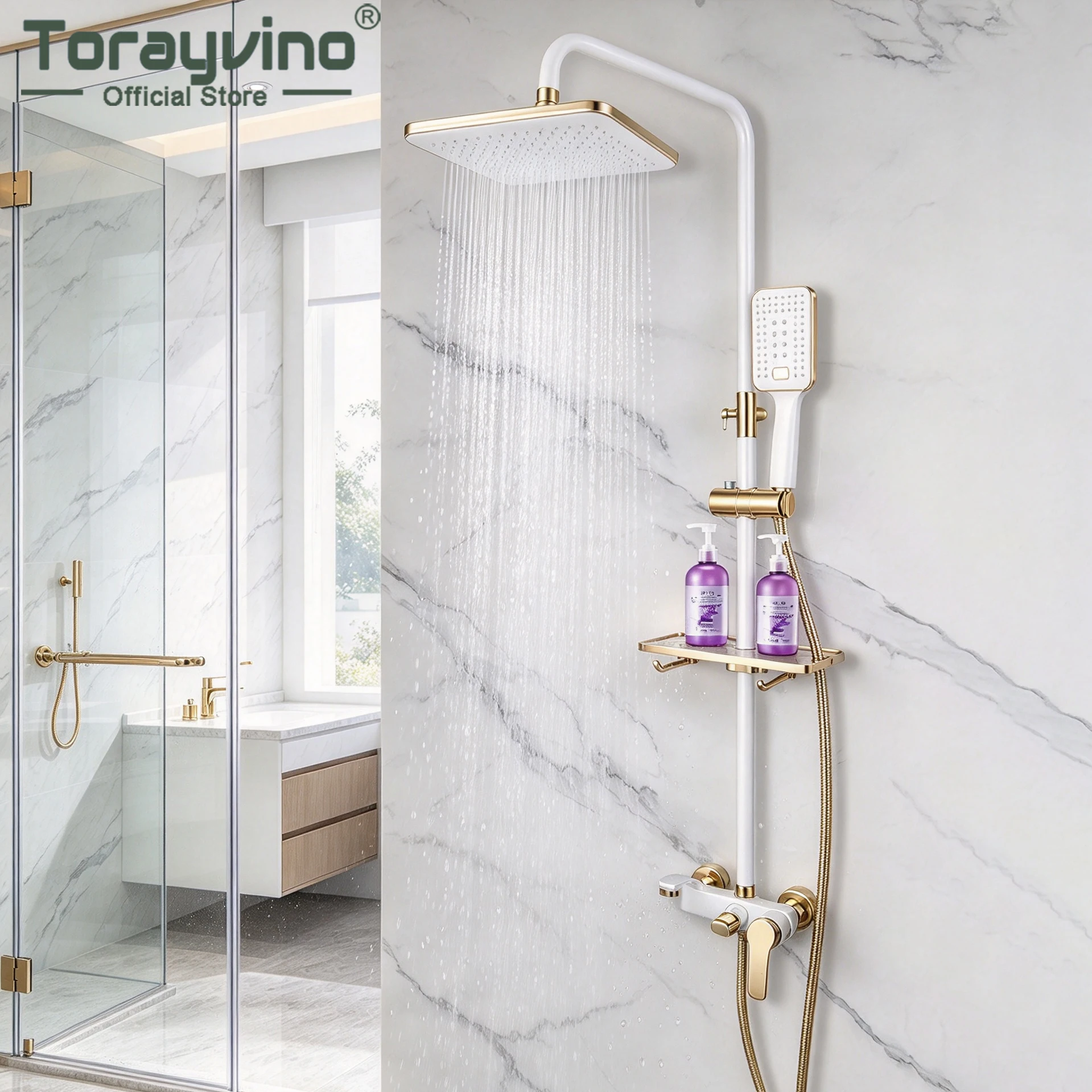Torayvino Classic Luxury Bathroom Black Gold Rainfall Shower Set Outdoor Bathtub Shower Faucet 3 Function Shower System Column