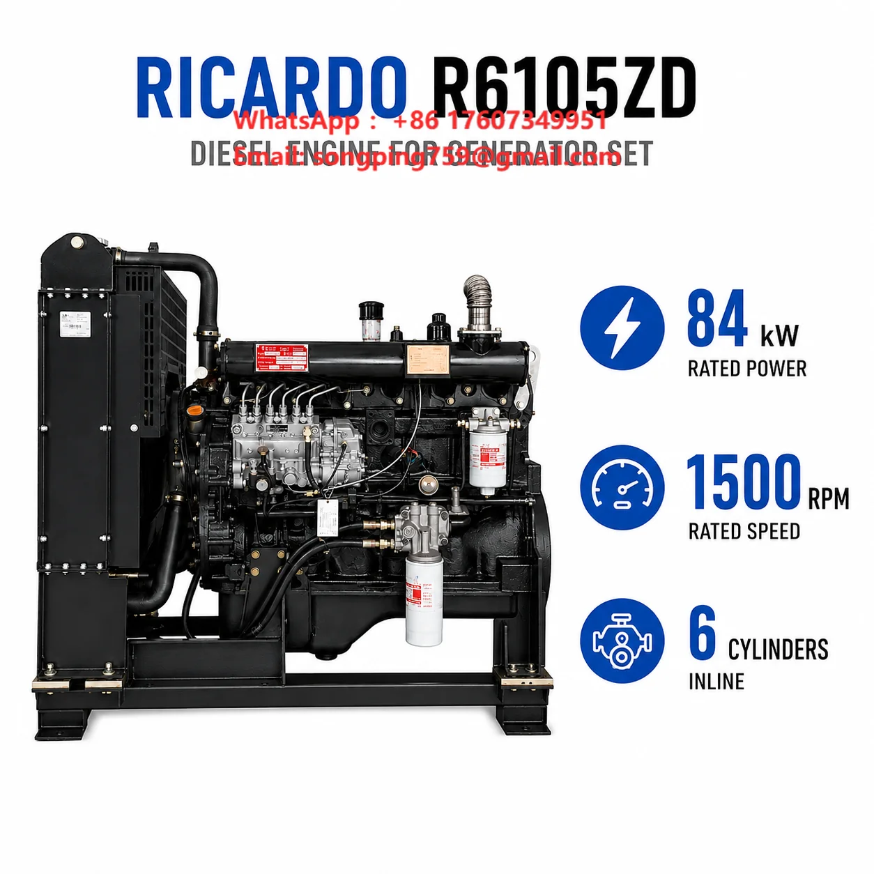 Weifang Ricardo R6105 Series R6105ZD Diesel Engine 84kW 114hp 1500rpm 6 Cylinder Turbocharged Industrial Power for Generator Set
