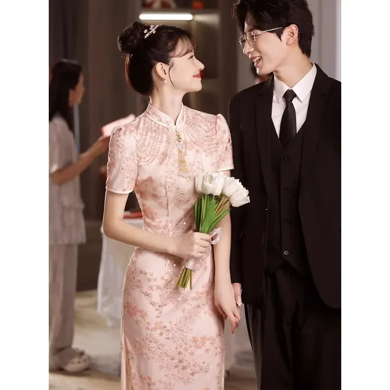 Luxe Roze Bridal Cheongsam Toast Jurk Chinese Jurk Vrouw Qipao Prachtige Parel Verfraaide Kant Pailletten Split Jurken