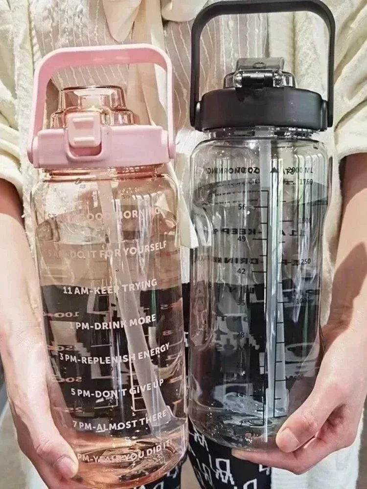 2L Portable Water Bottle Large Capacity Plastic Straw Water Cup Drink Bottle With Time Marker For Outdoor Sports Fitness