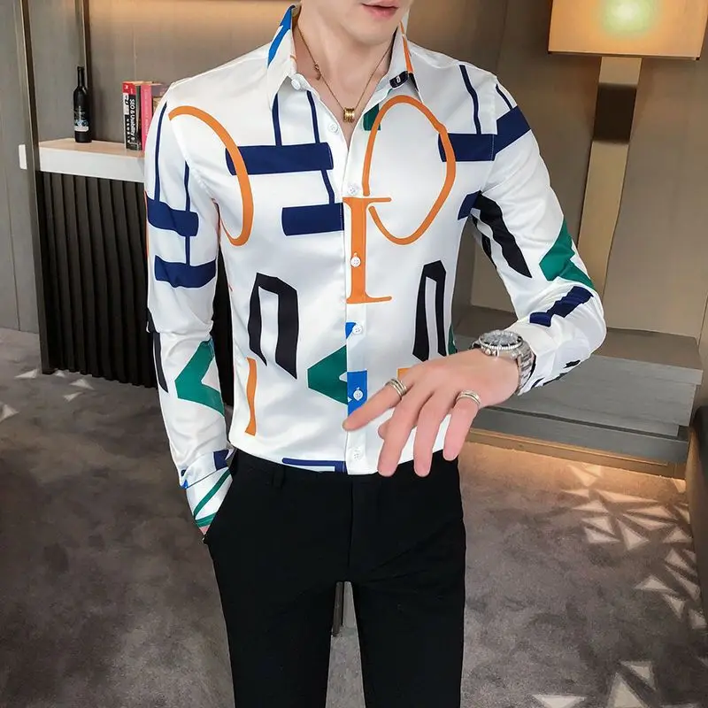 Elegant Fashion Harajuku Slim Fit Ropa Hombre Loose Casual Sport All Match Outerwear Pointed Collar Printed Long Sleeve Blusas