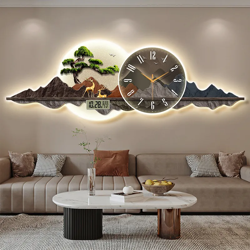 New Chinese Pine Mountain Wall Decor Accent Panel LED Backlit Time & Temperature Display Furnish Horizontal Landscape Wall Art