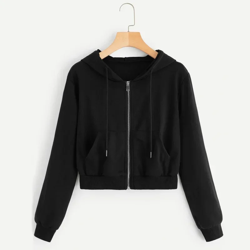 Long Sleeve Pocket Jacket Hoody Cotton Coats Sexy Zip-up Drawstring Sweatshirt Crop Top Hoodie Woman