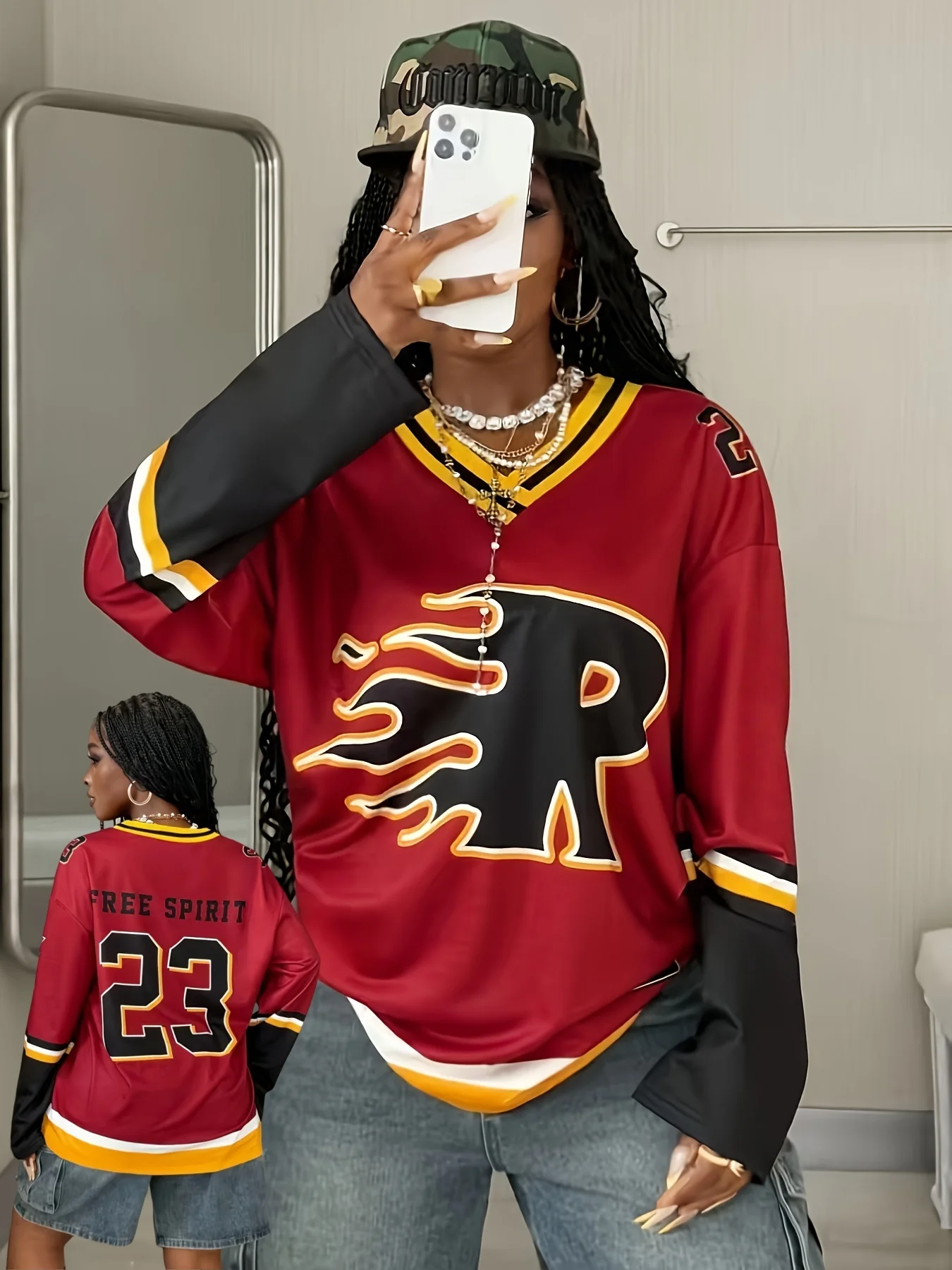 

Весенне-осенне-зимняя футболка с длинными рукавами, трикотаж, гоночный стиль, v-образный вырез, американский уличный женский топ Y2K, большой топ для взрослых в ленивом стиле