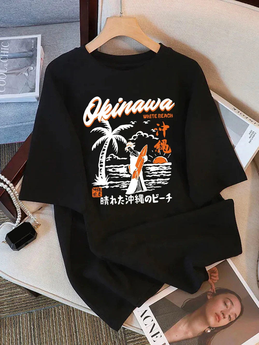 

100% Cotton Summer T-Shirts Womens Okinawa White Beach Printing Tops Comfortable Soft O-Neck T Shirt All-Match Womans Clothes