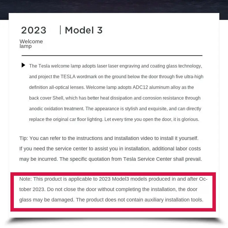 2024 Tesla highland Model 3 door welcome light logo 2 pieces