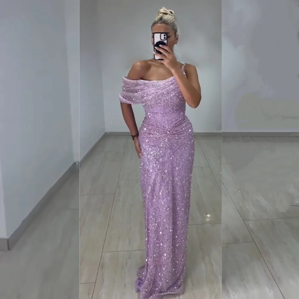 

Customized Sequined Pleat Long Dresses Bespoke Occasion High Quality Women Luxury Evening Dress Modern Style Sparkle