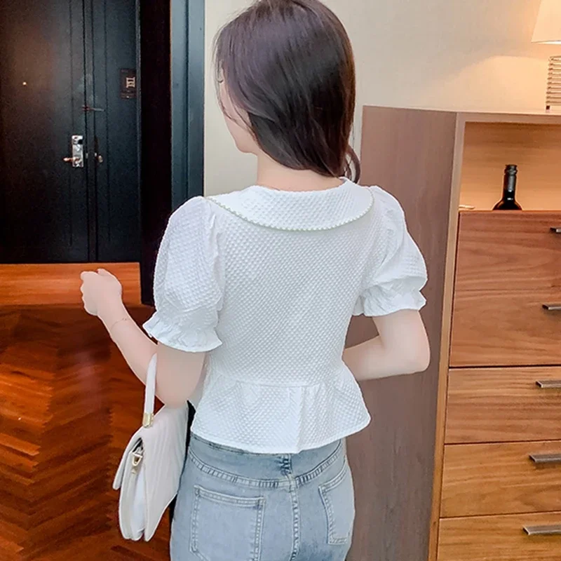 Vintage Summer Crop Tops Women Blouses 2024 Fashion Short Sleeve Blusas Femininas Korean Style Slim Puff Sleeve Chiffon Shirts