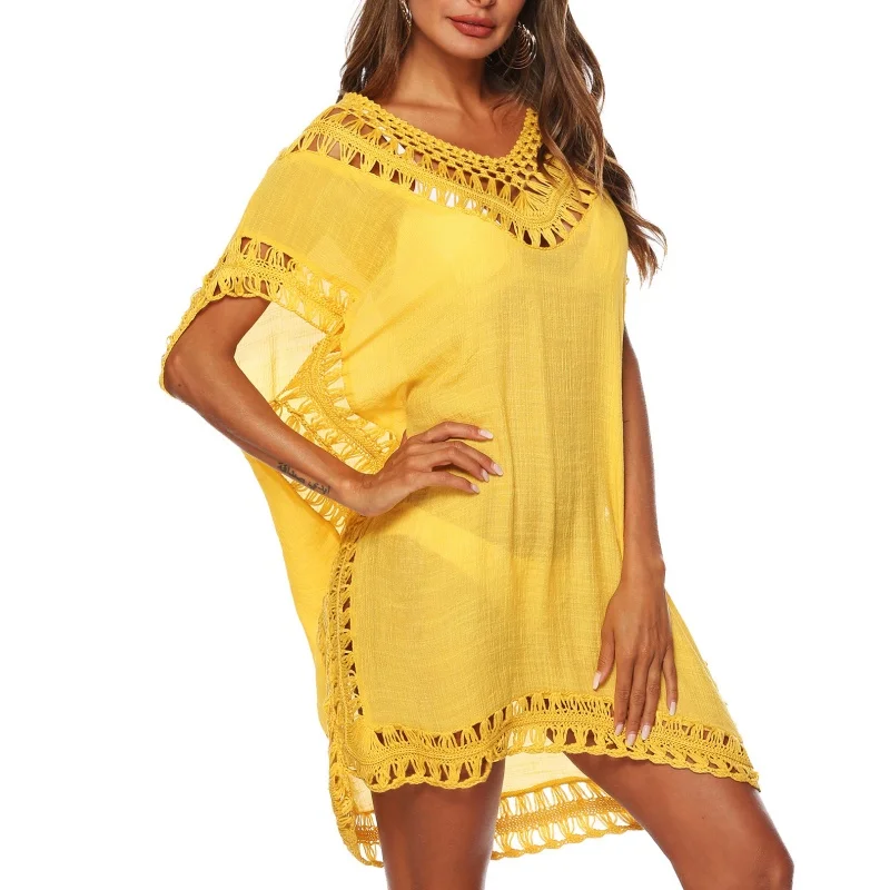 속이 비치는 V넥 크로셰 드레스 여성 루즈 섹시 비치웨어 비키니 커버업 2025 신상 캐주얼 여성 수영복 비키니 커버업