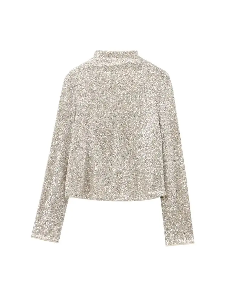 

Блестящие блузки с блестками для женщин, высокая горловина, длинный рукав, молния сзади, женские рубашки, шикарные топы, мода