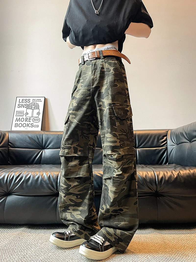 Amerikanische Retro-Camouflage-Arbeitshose für Herren, mehrere Ketten, lockere Jeans mit weitem Bein, lange Hose, Jugend-Freizeitkleidung, Sommer