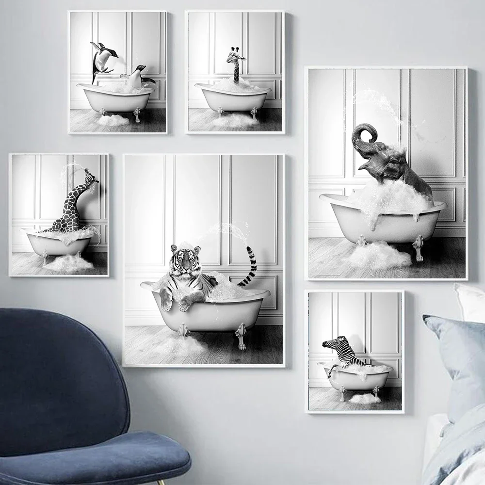 Black White Safari Animals Bath Prints Poster Giraffe Elephant Tiger Zebra Bathroom Canvas Painting Wall Art Picture Home Dec