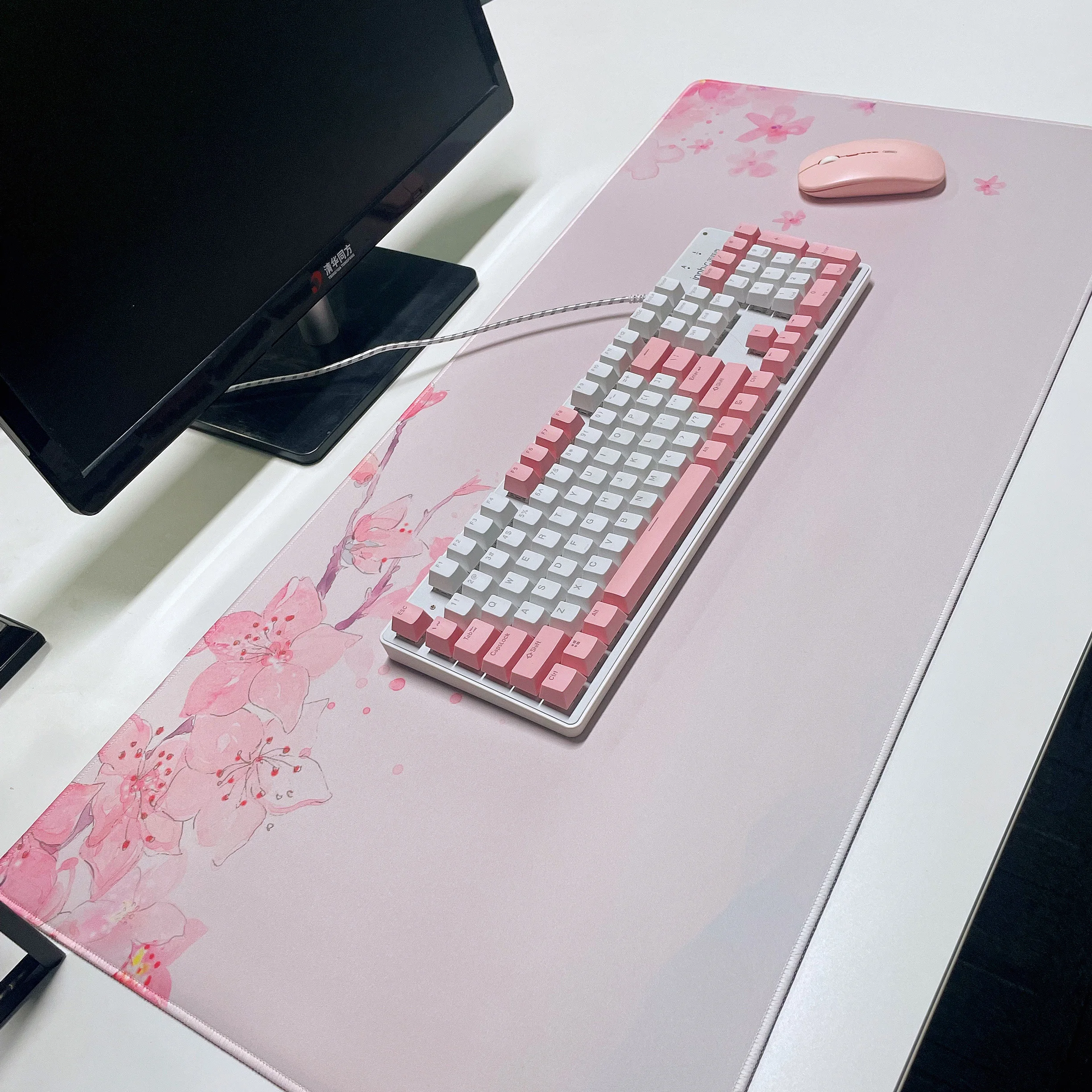 ピンク色の桜の形をした大型のロックエッジマウスパッド,天然ゴム製マウスパッド,防水,ゲームデスク用