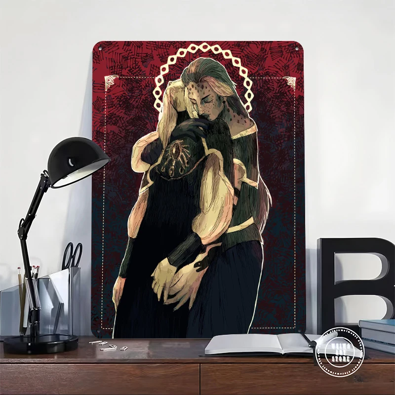 Two Figures Embracing in a Stylized Embrace Tinplate Poster Customized Wall Art Retro Vintage Metal Signs for Fans Desk Decor