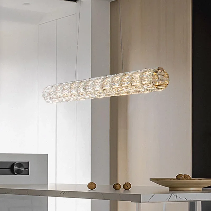Golden Luxury Crystal Pendant Lamp Modern Interior Decoration Bar Dining Living Room Ceiling Chandelier One-Word Long LED Light
