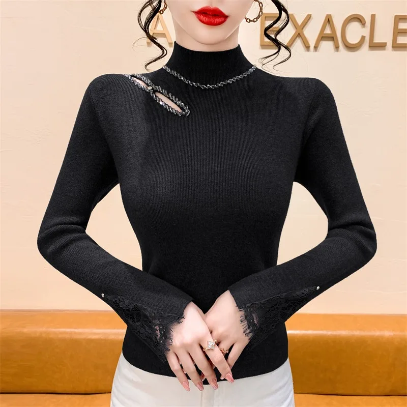 Ele High Ne Hollow out Long Sve Maglione lavorato a maglia da donna Slim Fit Lace Splicing Base irt Coreano Sle Pendolarismo Faion