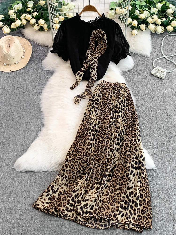 Summer French Half Skirt Set Women Retro Flower O-Neck Bubble Sleeve Top+High Waist Leopard Pattern Half Skirt Two Piece Set J12