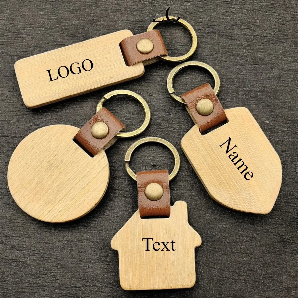 Custom Logo Name Wood Leather Keychain Shield House Circle Rectangle Keyring Key Chain Ring Individualization Originality Gift