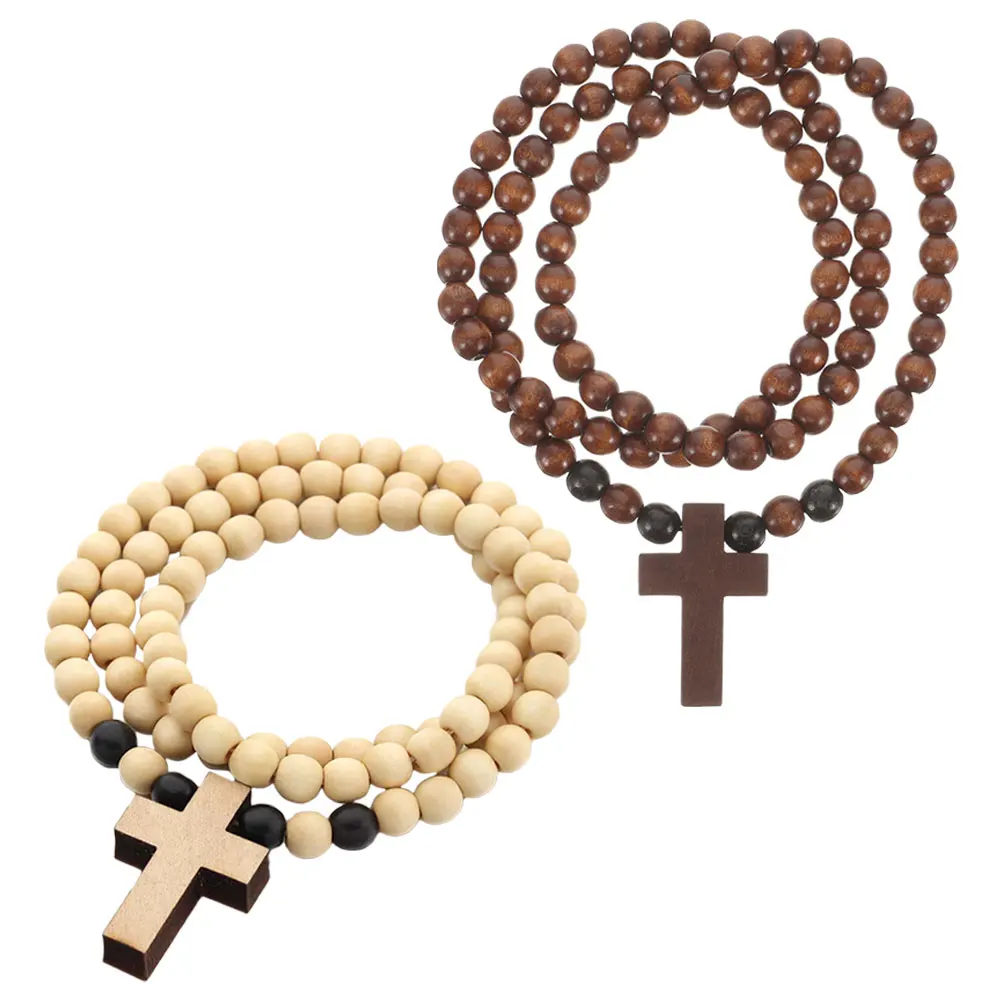 

2Pcs Wood Beaded Cross Pendant Necklace Men Wooden Prayer Bead Necklace Hip Hop Style Durable Christian Accessory
