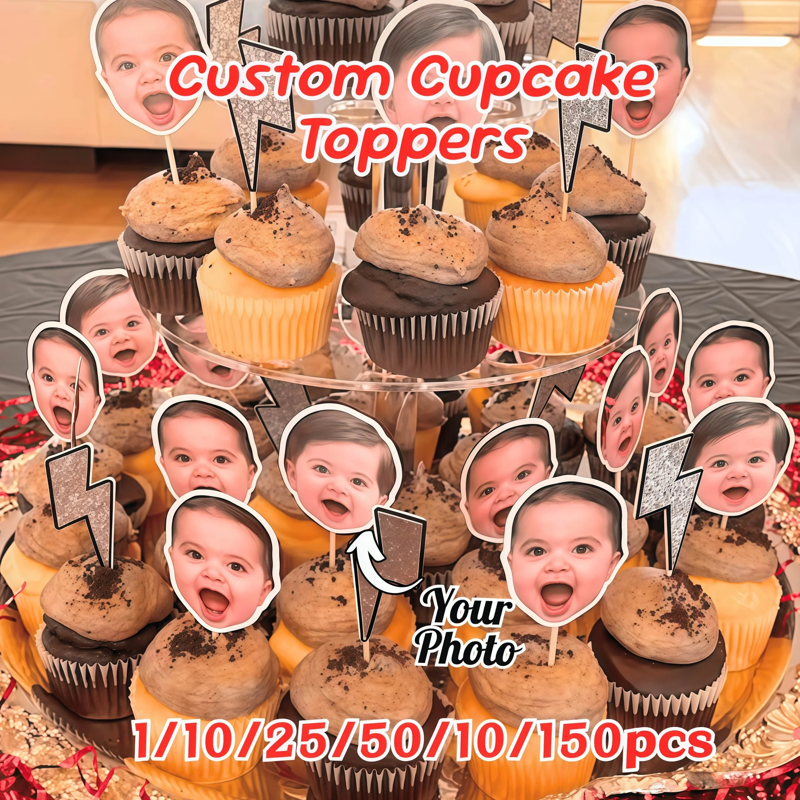 Personalisierte Papier-Cupcake-Topper mit individuellem Gesichtsthema für Geburtstagsfeiern, anpassbare Foto-Partydekorationen, Cupcake-Deko