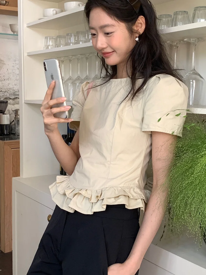 Alien Kittyเสื้อฤดูร้อนSlim-Fitใหม่ผู้หญิงสั้นพัฟแขนChic 2025 Daily Office Lady Casual All Match Gentle blusas