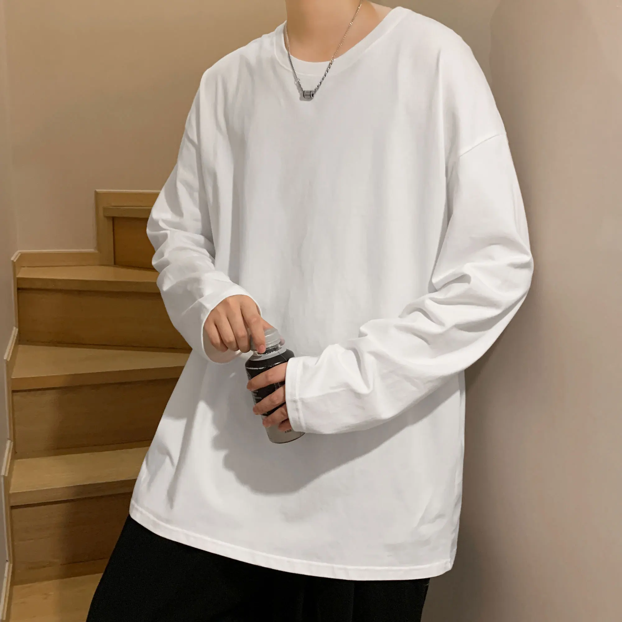 Fall Long Sleeve Pullover basic T-shirt for Men Loose Large Size Fashion Solid Color Tops Casual Autumn Streetwear Tops T Shirt