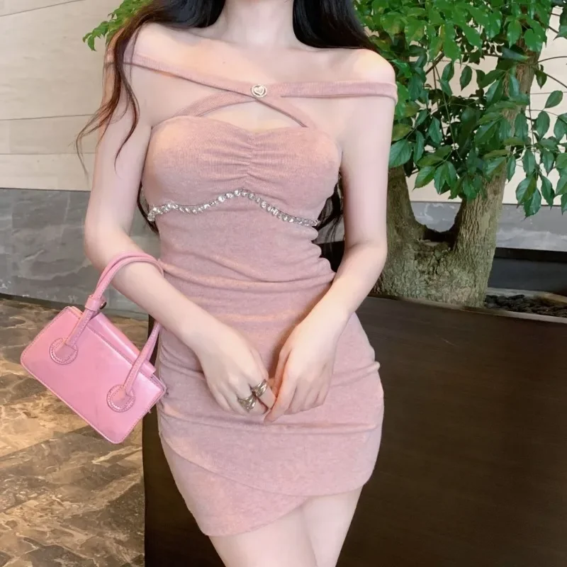 Fashion Cross Strap Dress Women Off Shoulder Korean Chic Diamond Sweet Spicy Halterneck Celebrity Solid Slim Summer Underlay New