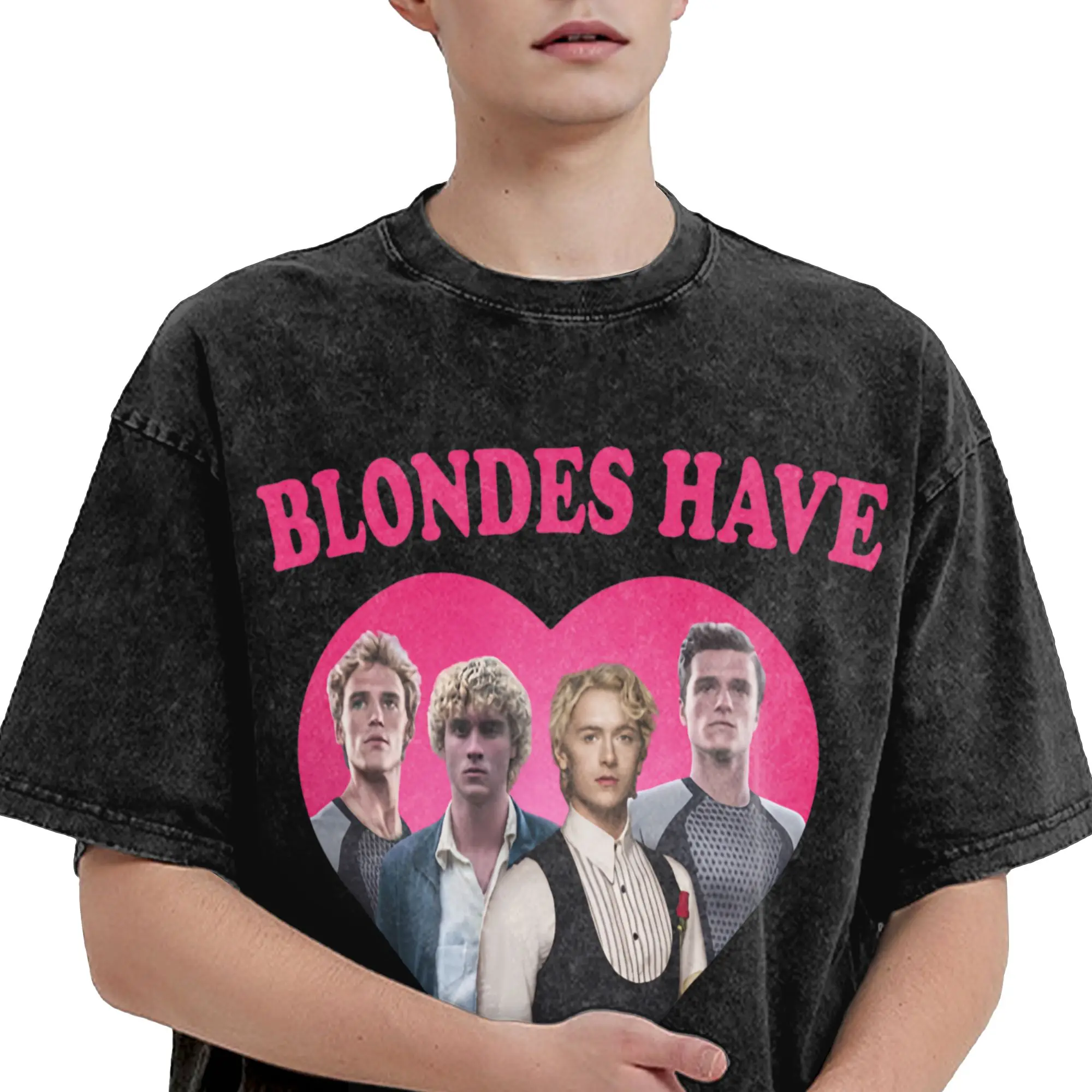 Harajuku Washed Shirts Blondes have more fun Peeta Mellark hunger games Merch Vintage T Shirt High Street  Streetwear