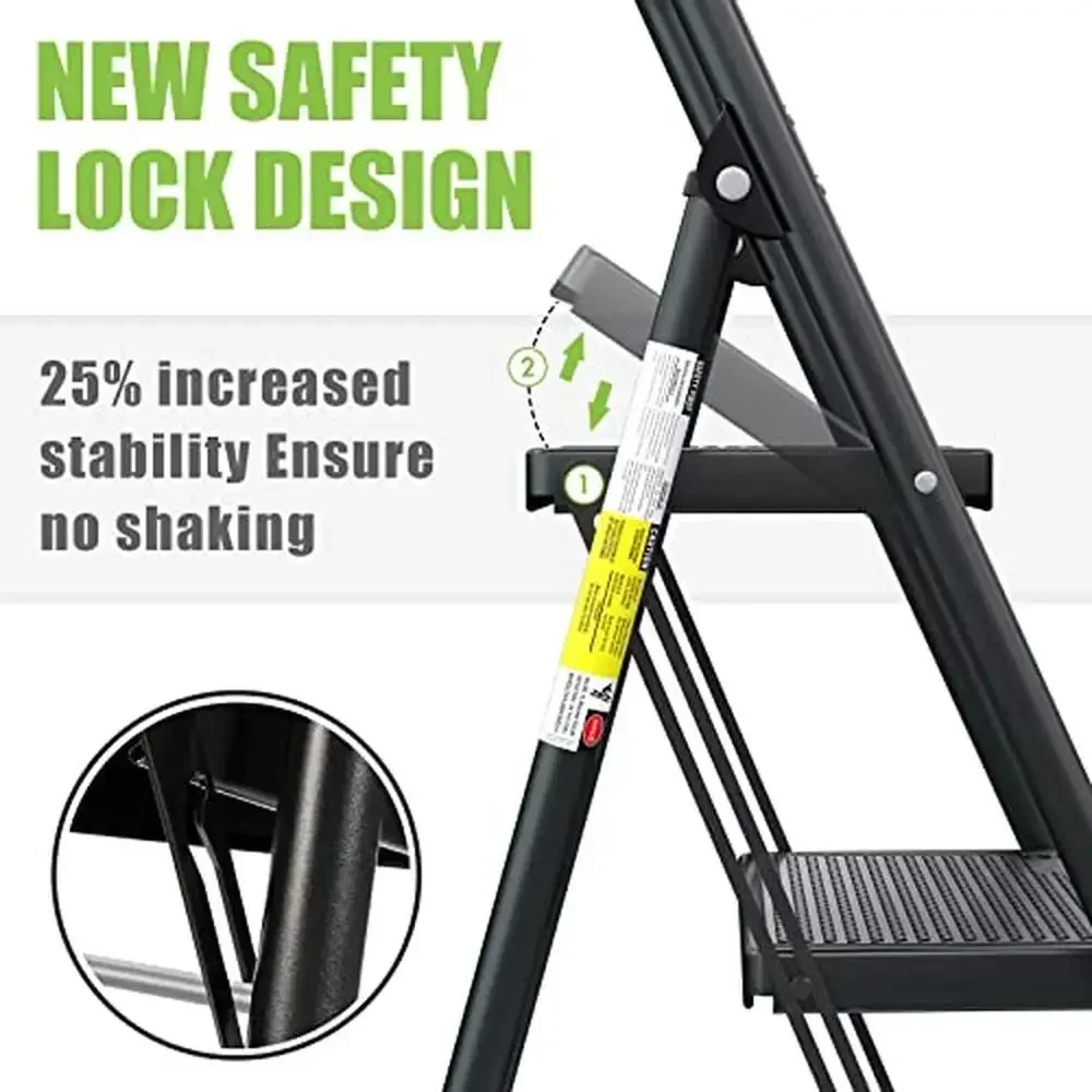 3-Step Steel Ladder Lightweight Portable Folding Stool Anti-Slip Grip 500 lbs