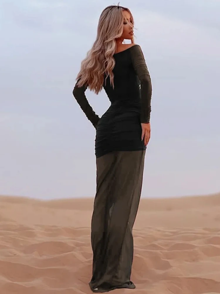 XIAOTANG エレガントな長袖メッシュパッチワークシアードレス女性のセクシーなスリムフィットパーティークラブイブニングドレス秋冬新ビーチウェア